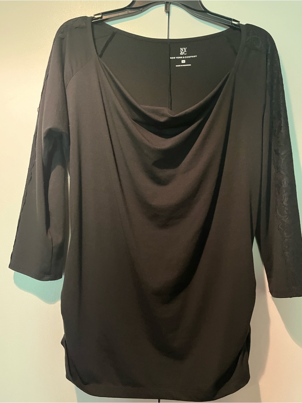 New York & Company Black Cowl Neck Tunic with Lace Sleeve Detail